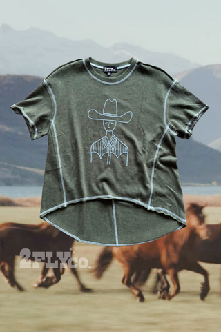 Staredown Stitch forest-green Western graphic tee with blue chain stitching