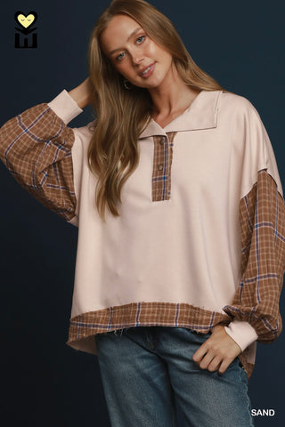 Prairie Sand Plaid Contrast Pullover