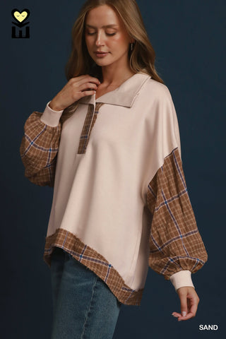 Prairie Sand Plaid Contrast Pullover