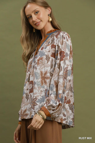Rusty Rose Colorblock Floral Top