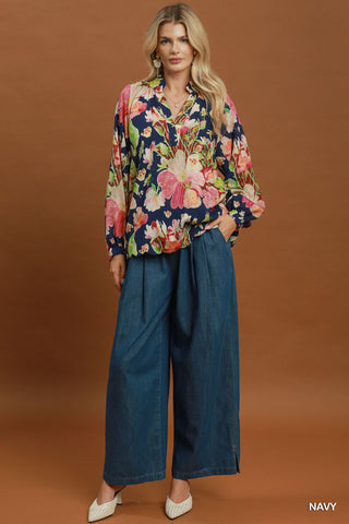 Nora Navy Floral Scallop Hem Blouse