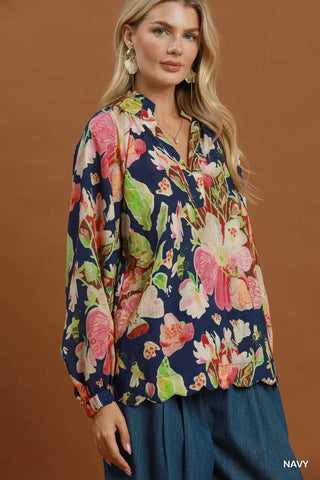 Nora Navy Floral Scallop Hem Blouse