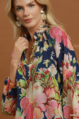 Nora Navy Floral Scallop Hem Blouse