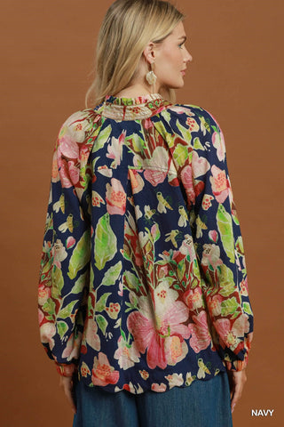 Nora Navy Floral Scallop Hem Blouse