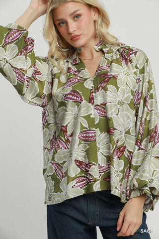 Meadow Sage Floral Puff Sleeve Top