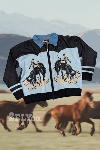 Bronc Blues denim-inspired zip-front Western knit cardigan