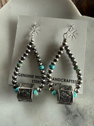 Navajo Pearl Hoop with Stamped Bead & Turquoise