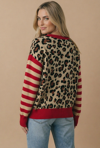 Leopard Stripe Sleeve Jacquard Cardigan