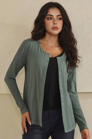 Soft Season ribbed snap-front cardigan in Black and Smokey Olive