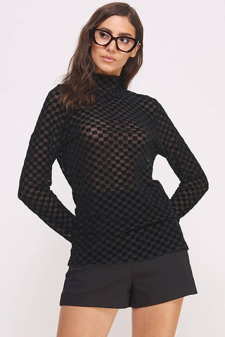 Long Sleeve Checkered Mesh Mock Neck Top