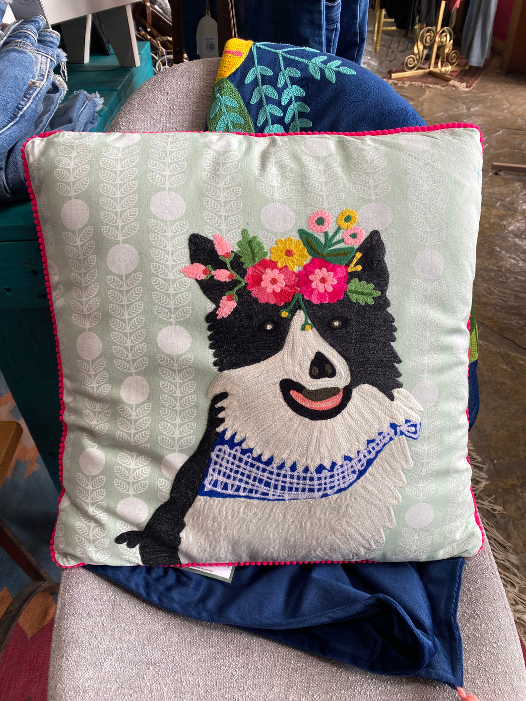 Collie Embroidered Pillow