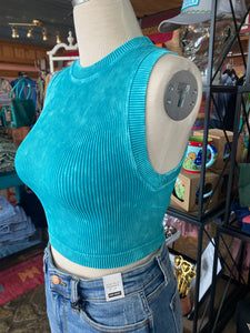 Ribbed Seamless Crop Top - Turquoise