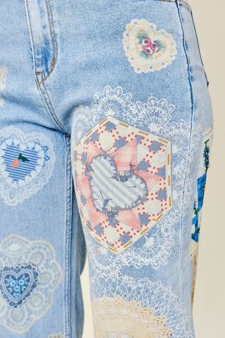 Vintage Lace Patch Print Jeans | Light Wash Straight
