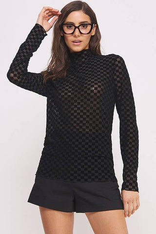 Long Sleeve Checkered Mesh Mock Neck Top