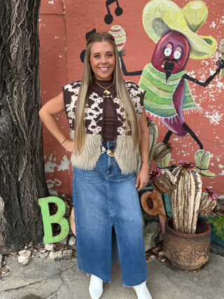 Rodeo Nights Mocha Cow Print Sweater Vest
