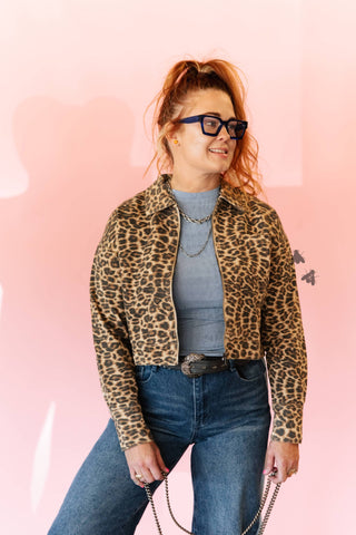 Canyon Cat leopard-print cropped denim jacket with black pearl snaps