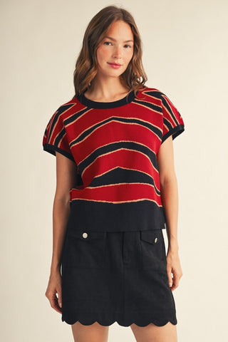 Red Black Wavy Stripe Crop Crew Neck Sweater