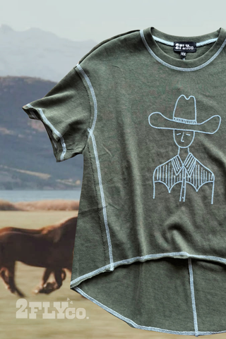 Staredown Stitch forest-green Western graphic tee with blue chain stitching