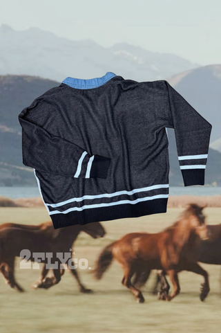 Bronc Blues denim-inspired zip-front Western knit cardigan