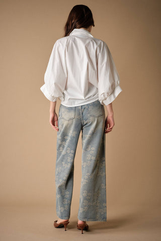Floral Print Rhinestone Wide Leg Jeans