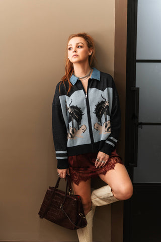 Bronc Blues denim-inspired zip-front Western knit cardigan