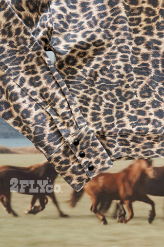 Canyon Cat leopard-print cropped denim jacket with black pearl snaps