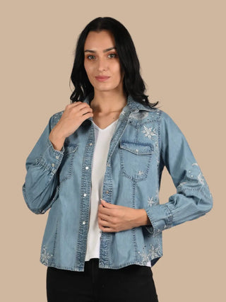 Embroidered Denim Western Button Down Shirt