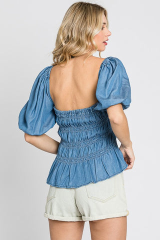Camellia Denim Smocked Top