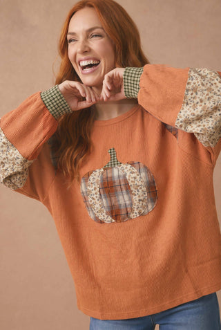 Pumpkin Patchwork Waffle Knit Balloon Sleeve Top