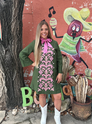 Sage Green Panel Embroidery Shift Dress