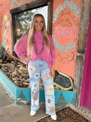 Vintage Lace Patch Print Jeans | Light Wash Straight