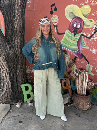 Mineral Wash Wide Leg Pants - Light Olive