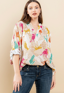 Yellow Cheetah Print V-Neck Blouse