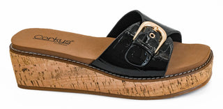 Reality Black Patent Croco Wedge by Corkys