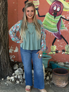 Alma Lou Sage Floral Contrast Print Top