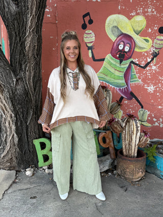 Prairie Sand Plaid Contrast Pullover