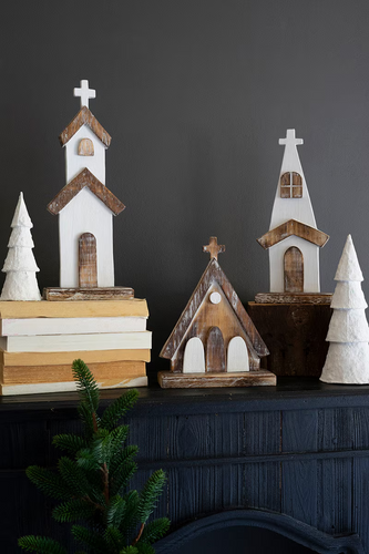 Set of 3 White Washed Wooden Churches