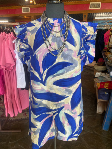 Leaf Print Ruffle Cap Sleeve Dress