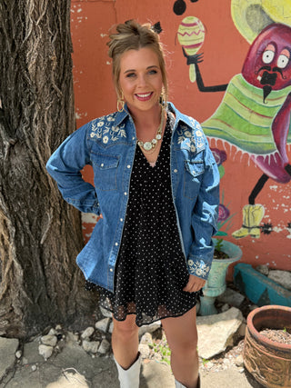 Embroidered Horseshoe Floral Denim Shirt