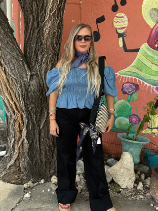 Camellia Denim Smocked Top