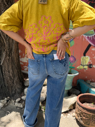 Light Wash Floral Embroidered Wide Leg Jean