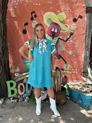 Zip-Neck Flutter Sleeve Dress