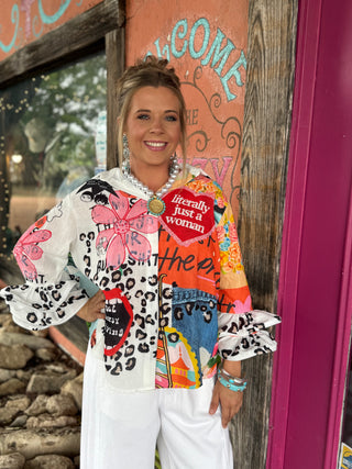 Pop Art Mixed Panel Oversized Button Up