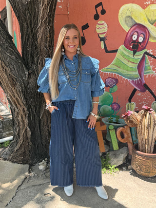 Denim Ruffle Puff Sleeve Western Snap Shirt by Ivy Jane