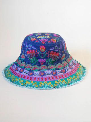 Printed Bucket Hat Navy Folk Flower 