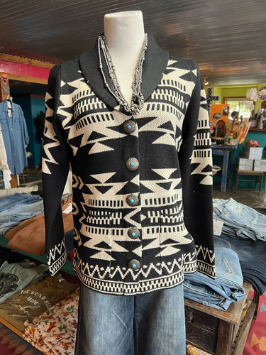 Billie Turquoise Button Front Aztec Cardigan