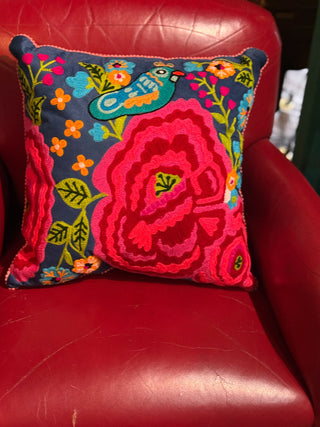 Blue Velvet Floral Embroidered Pillow
