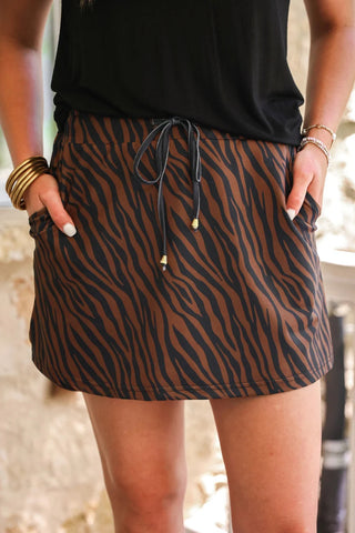 Drawstring Waist Luxe Mini Skort | Chocolate Zebra