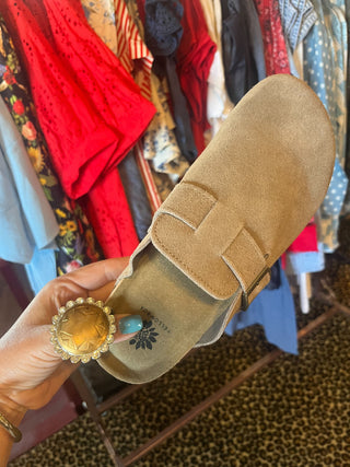Tan Suede Buckle Strap Clog