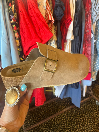 Tan Suede Buckle Strap Clog